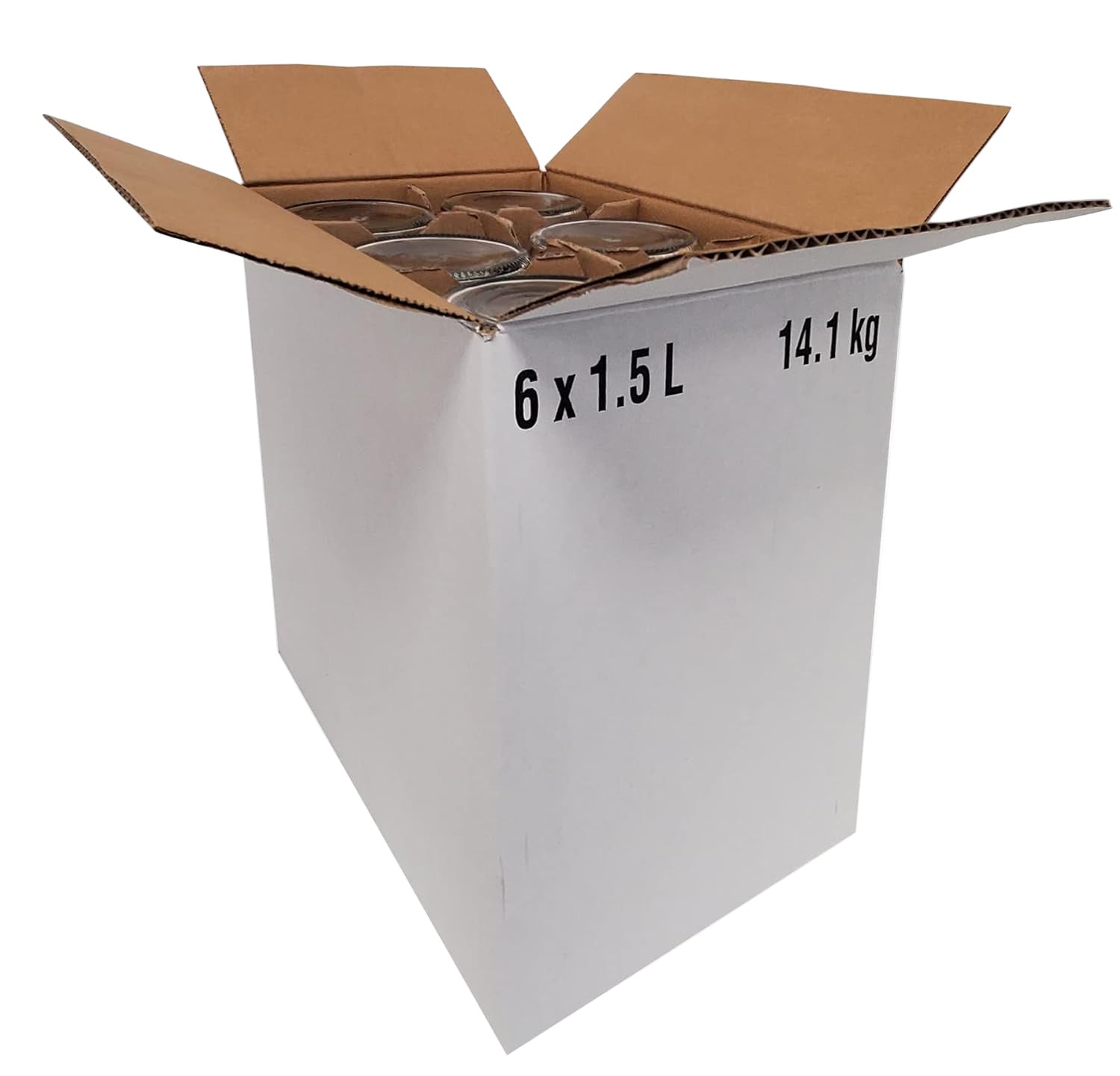 Cardboard box with glass bottles inside, labeled with volume and weight information.