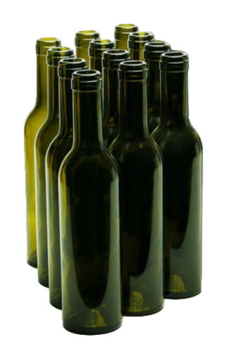 Row of green wine bottles on a white background