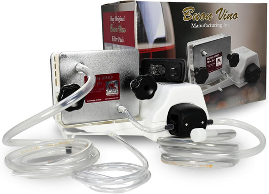 Wine aerator with clear hoses on a white background, featuring Buon Vino branding.