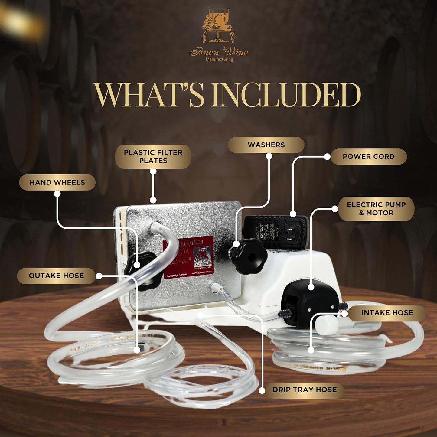 Wine filtration system with labeled components on a wooden surface.