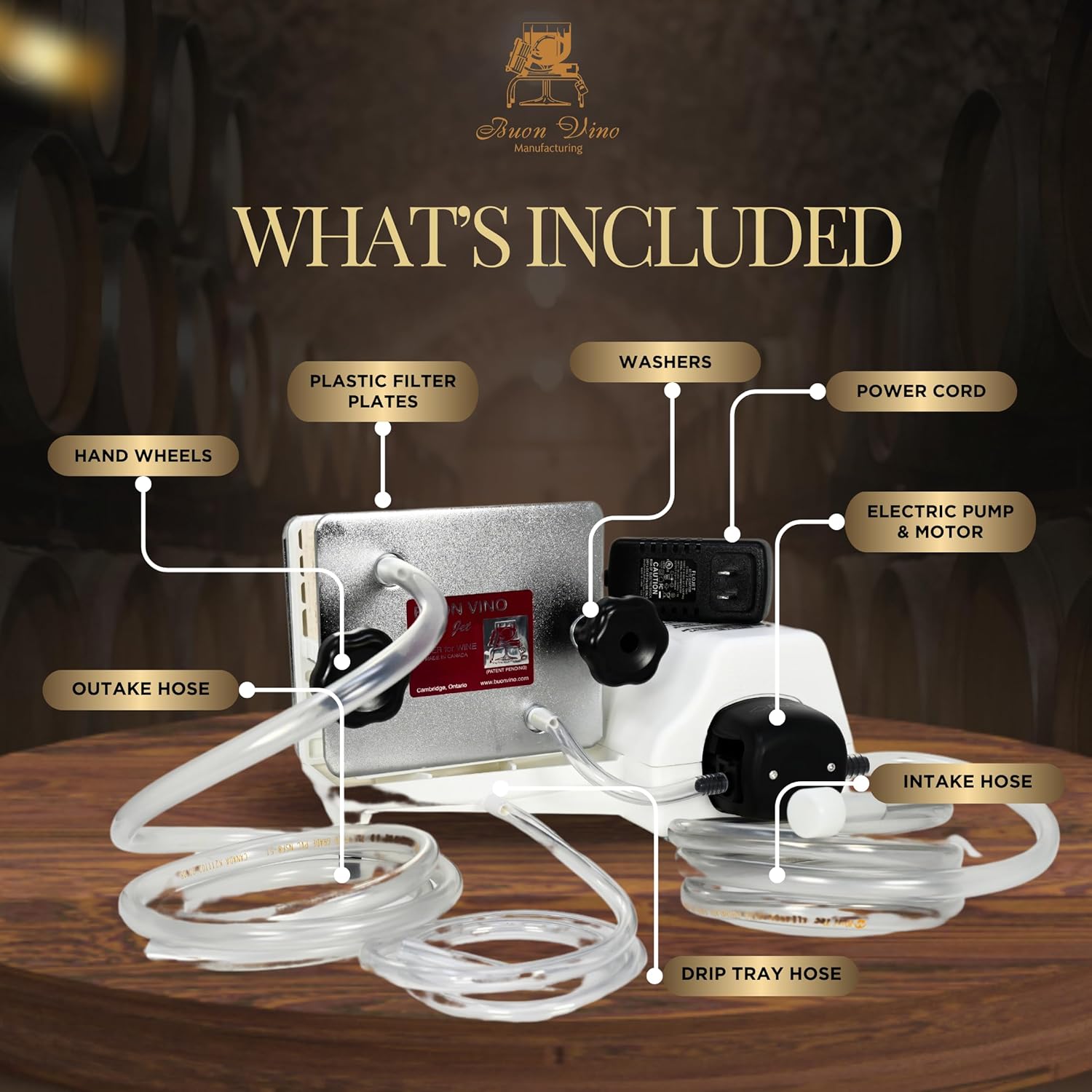 Wine filtration system with labeled components on a wooden surface.