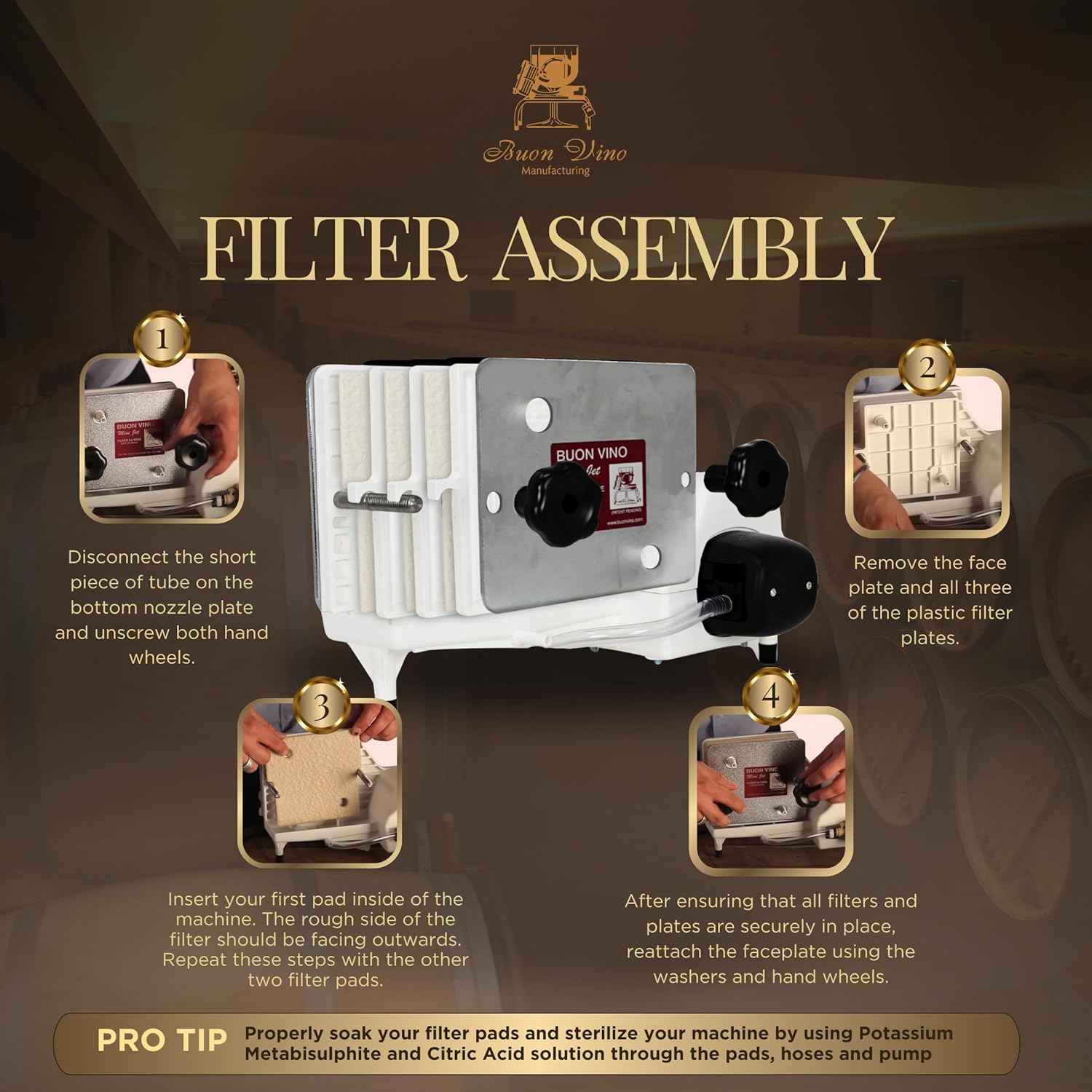 Filter assembly instructions for a machine with text and icons on a brown background