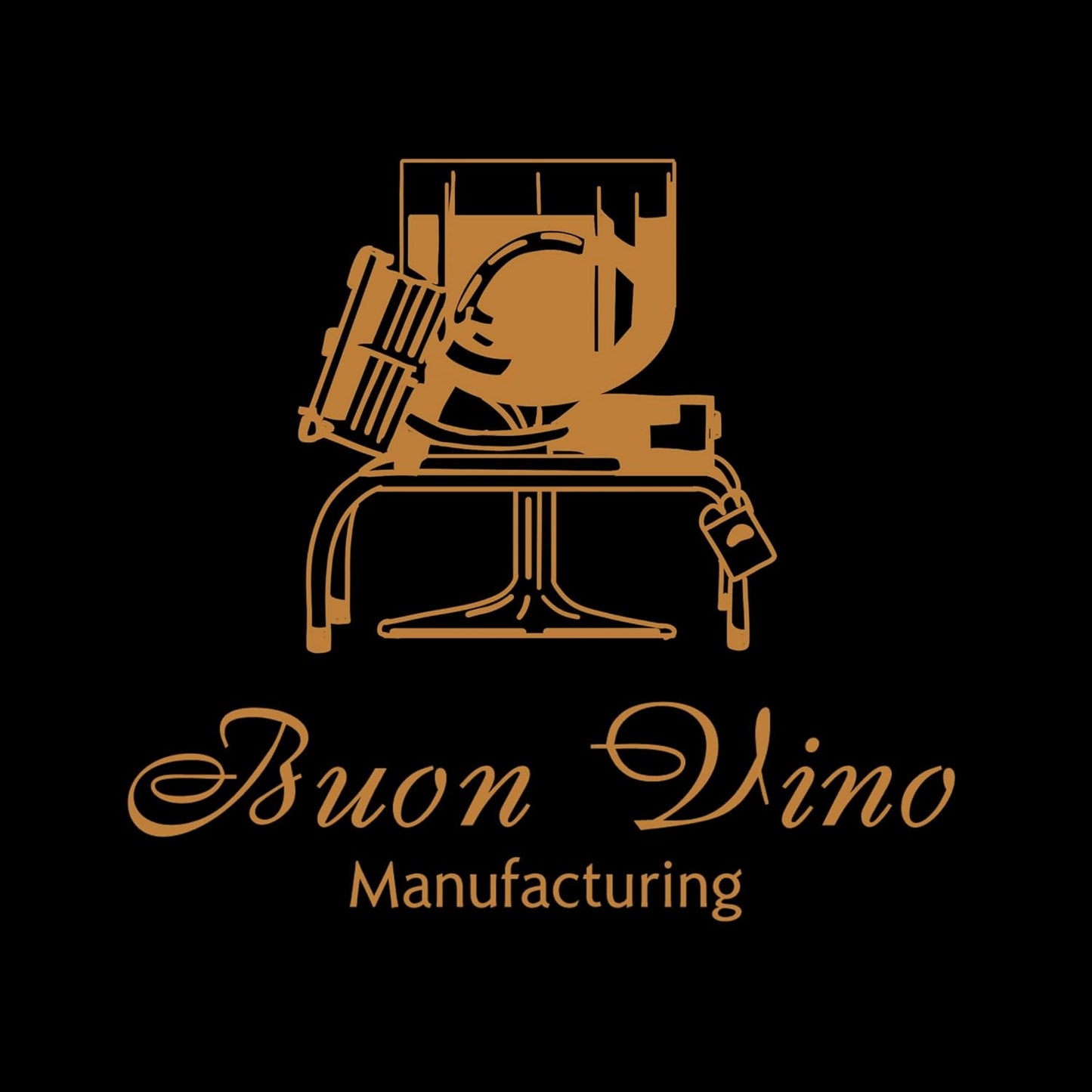 Logo of Buon Vino Manufacturing with a wine bottle and glass design on a black background.