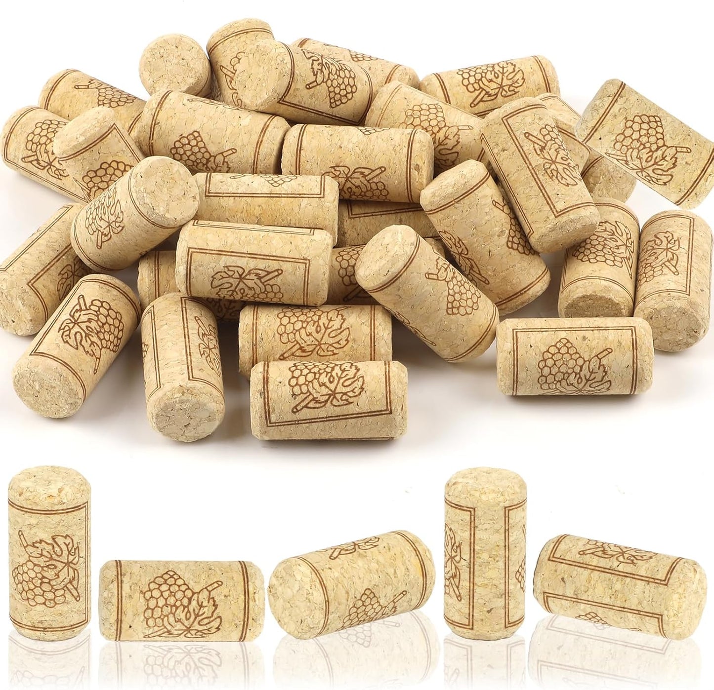 Collection of wine corks with embossed designs on a white background