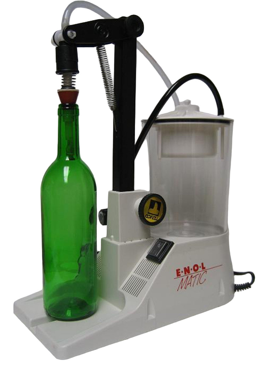 Bottle filling machine with a green bottle on a white background