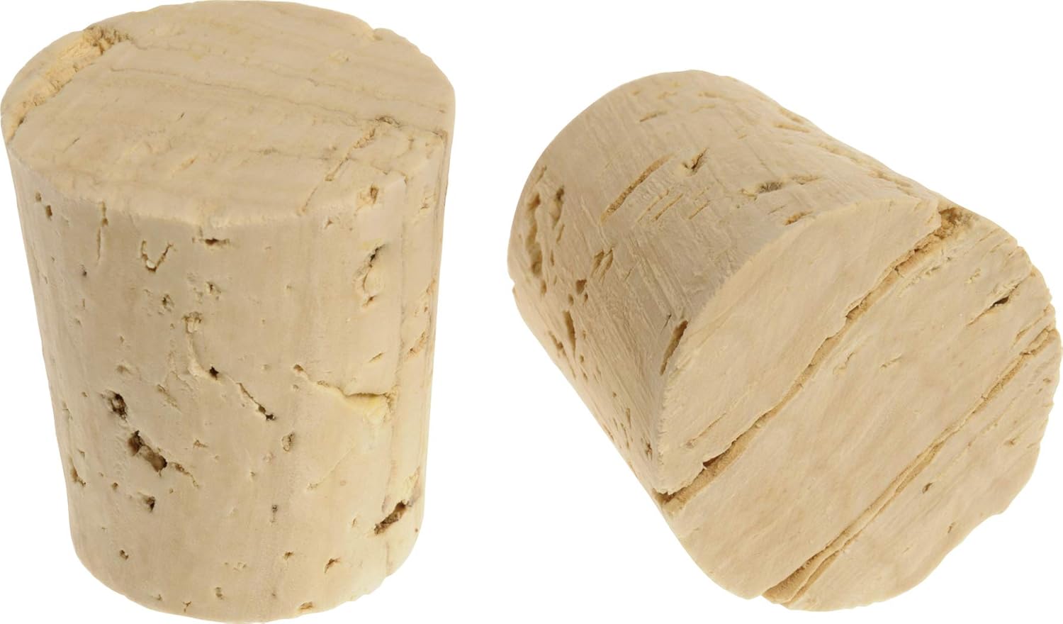 Two cork stoppers on a white background