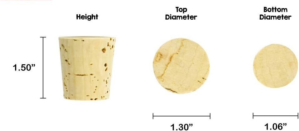 Cork with measurements for height, top diameter, and bottom diameter on a white background