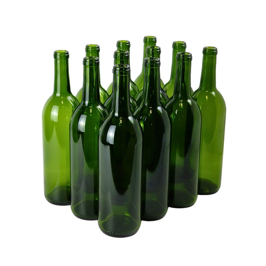 Group of green wine bottles on a white background