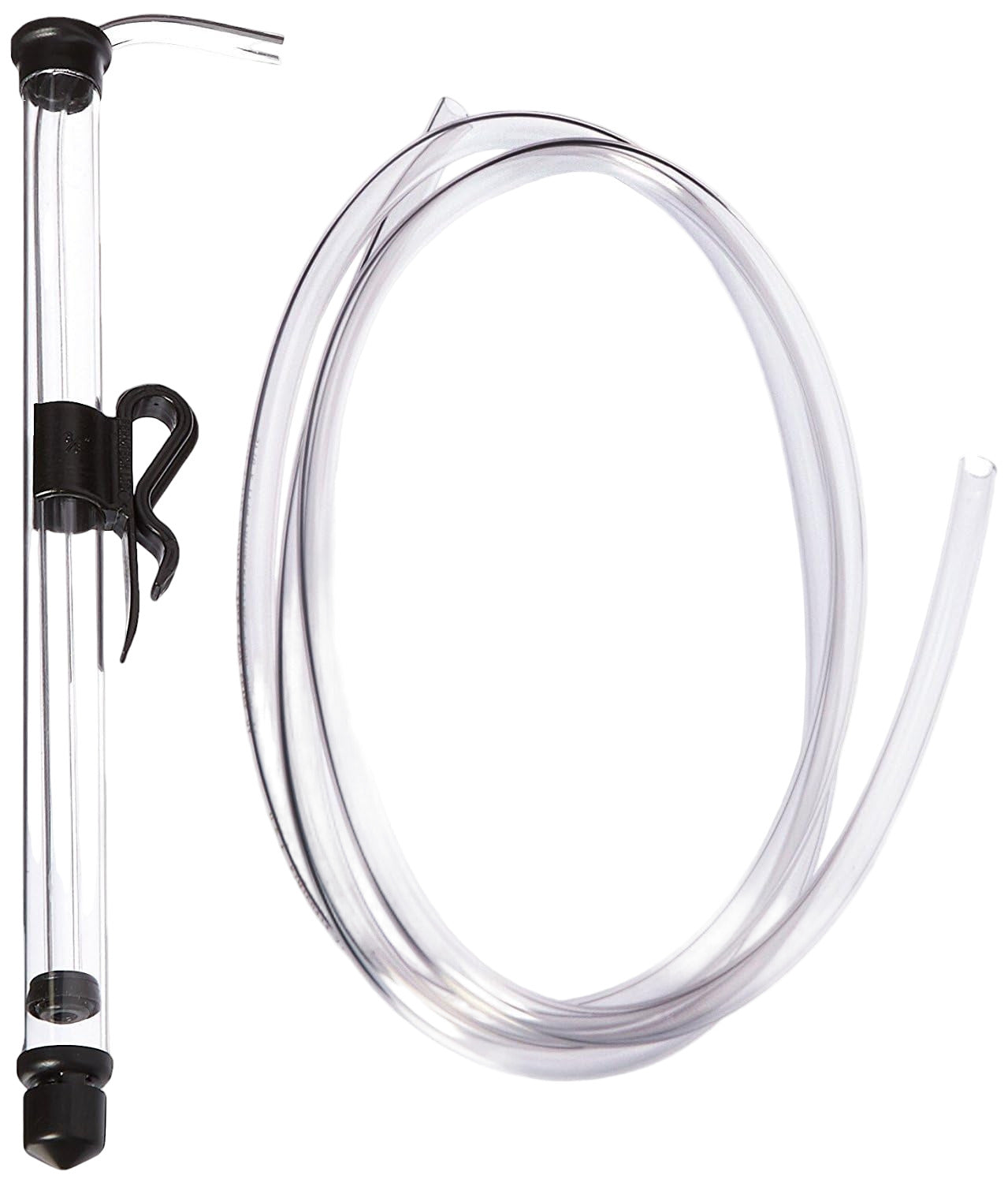 Clear Wine Siphon and tubing with black clamp on a white background