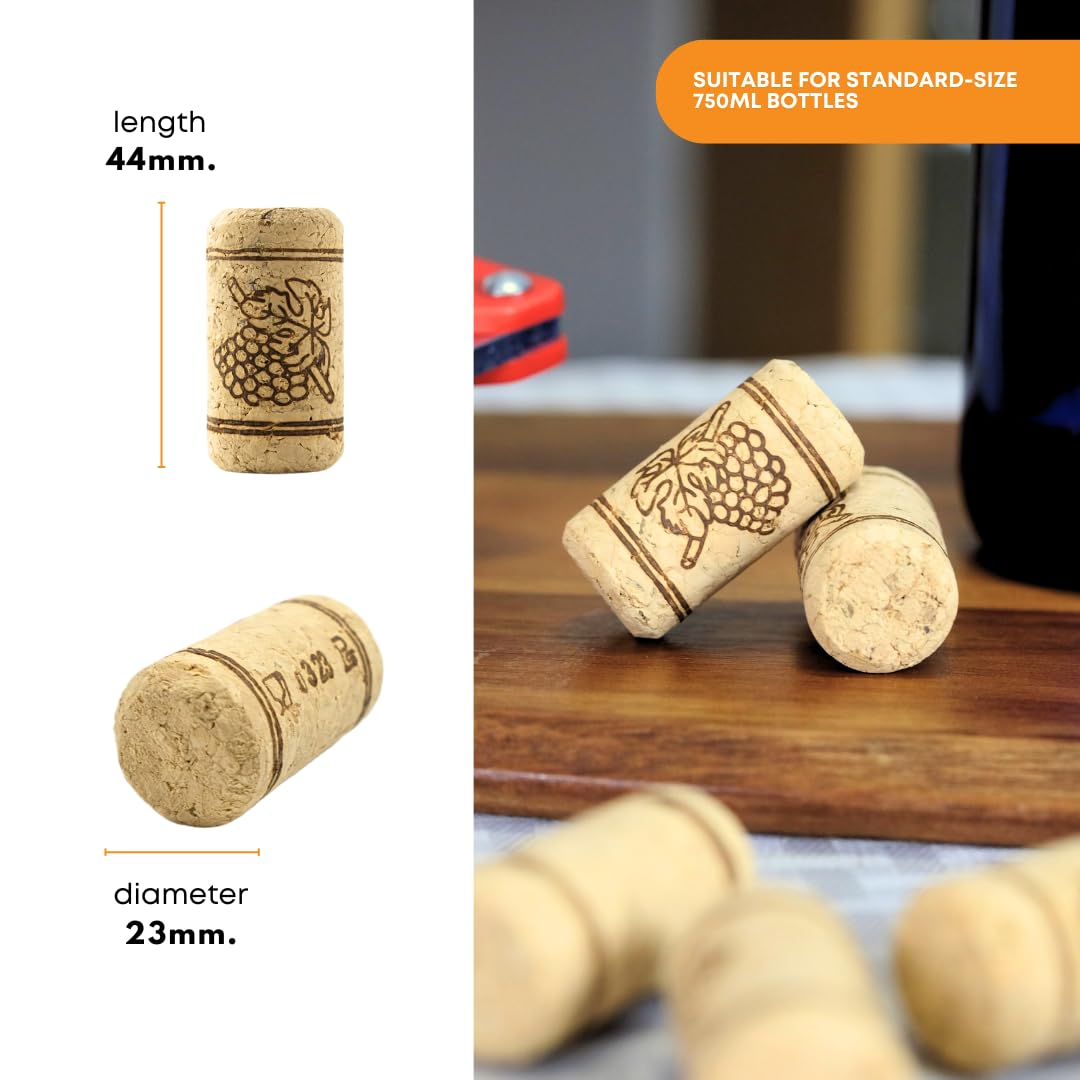 Cork stoppers with measurements and a close-up on a wooden surface.