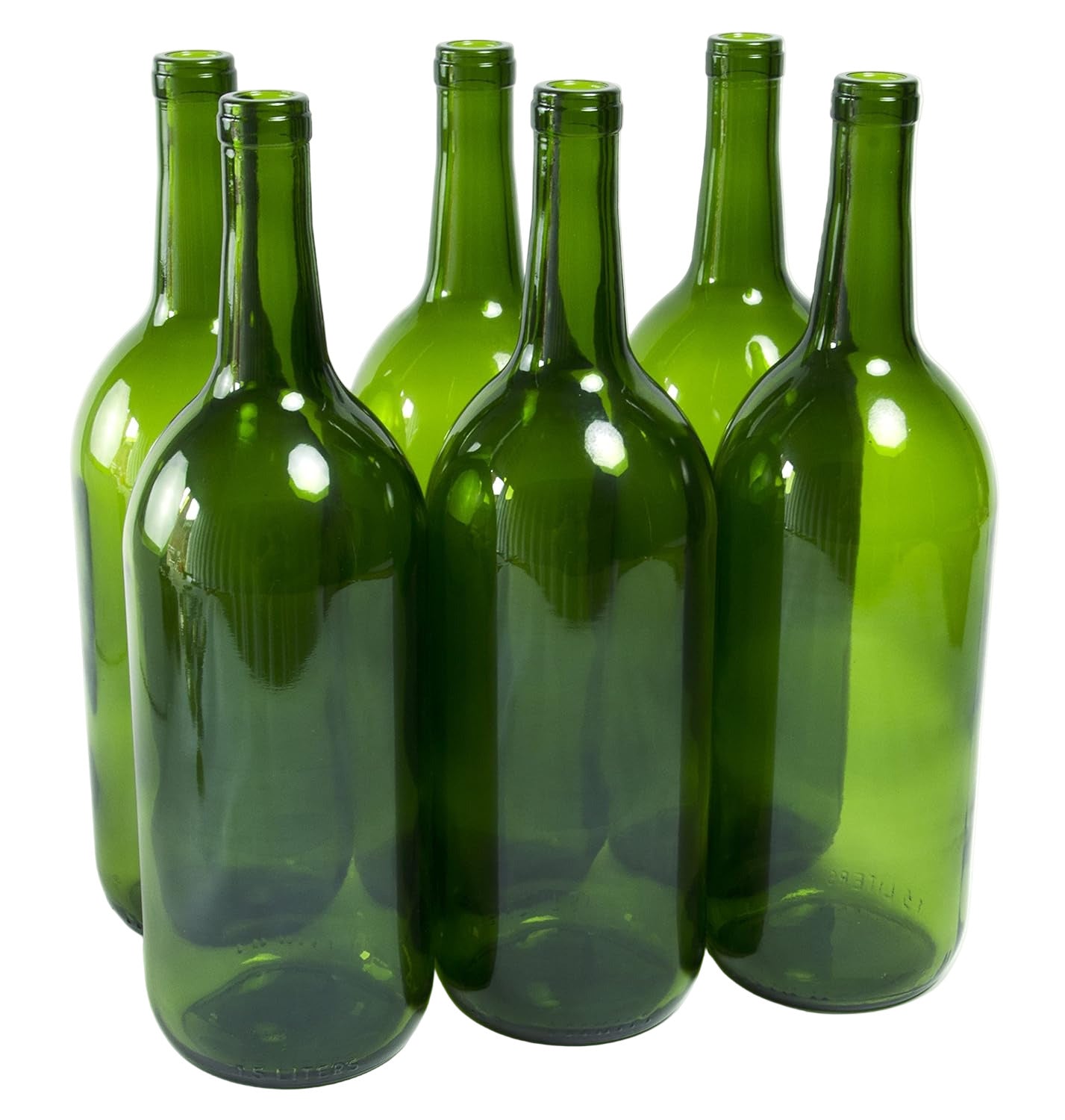 Six green 1.5 liter wine bottles on a white background