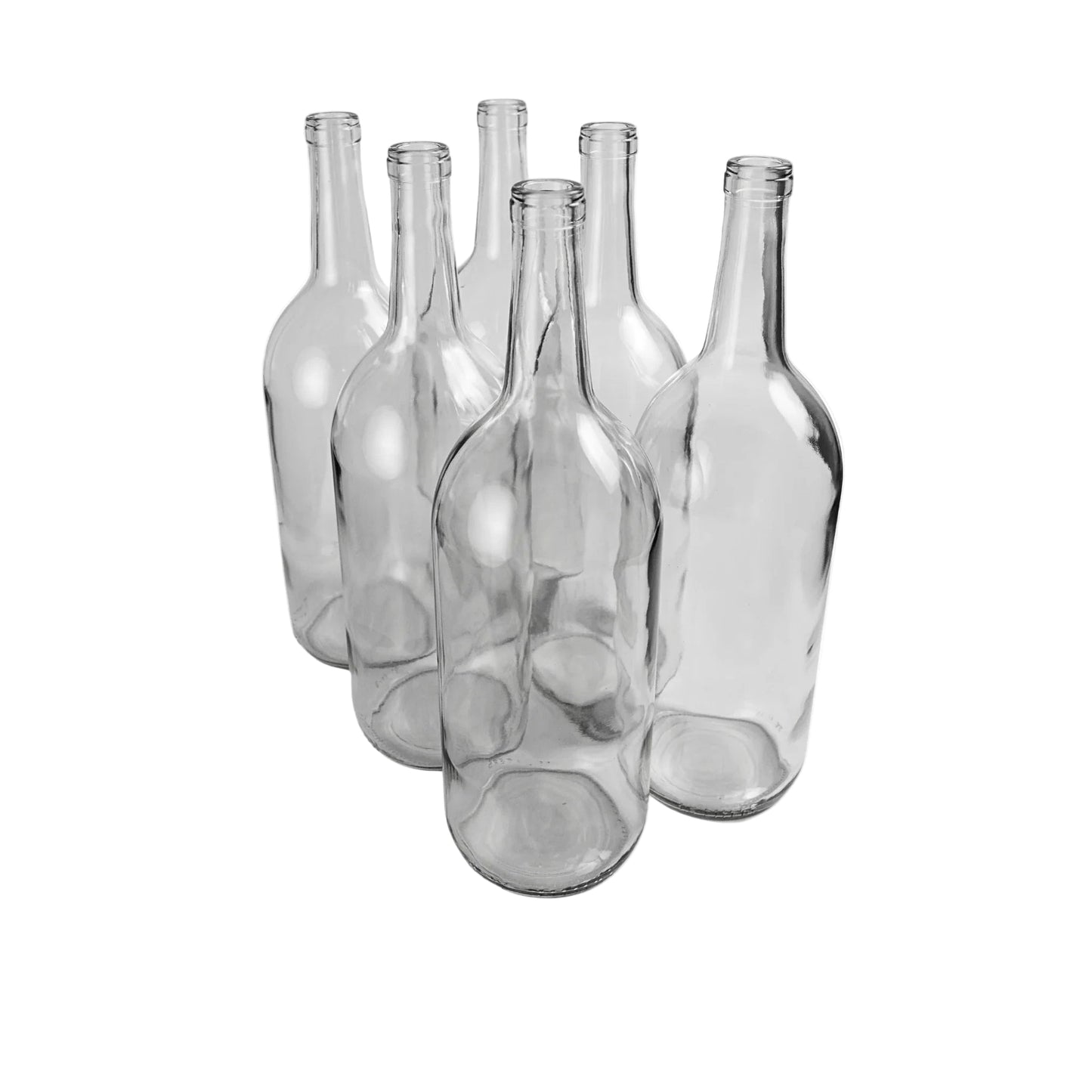 Set of clear 1.5 liter  glass bottles on a white background