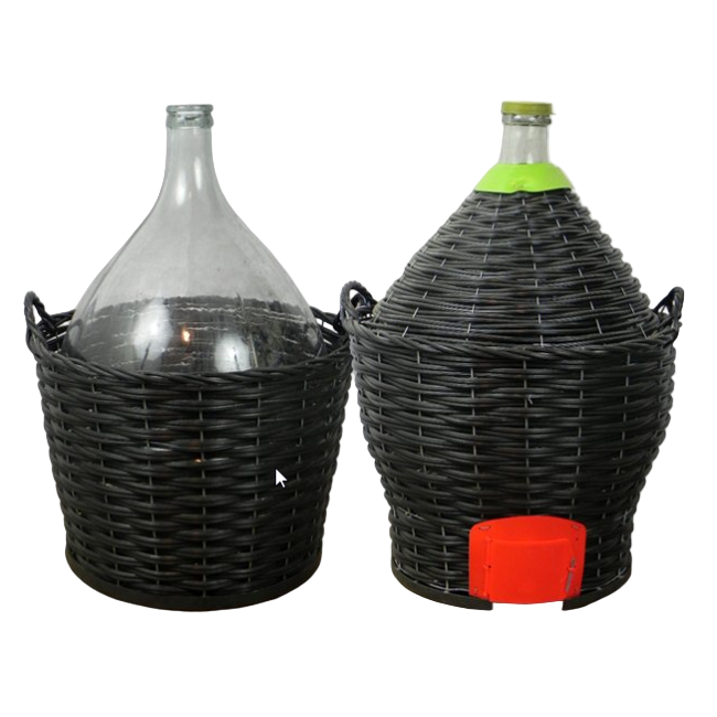 Two 54Liter Demijohm glass bottles with wicker baskets around them on a white background