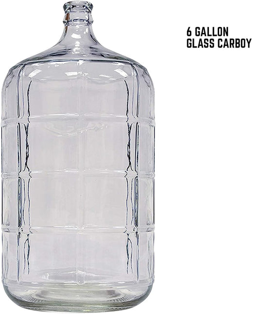 Clear 6 Gallon glass carboy with a white background