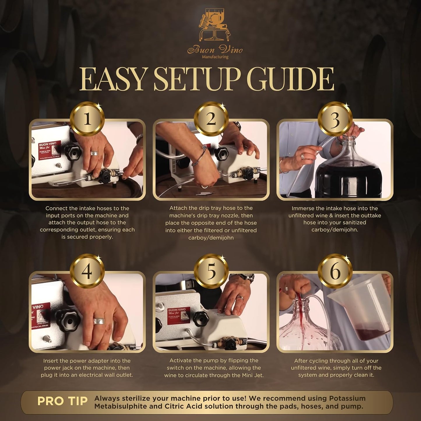 Step-by-step setup guide for a wine machine with images and text on a dark background.