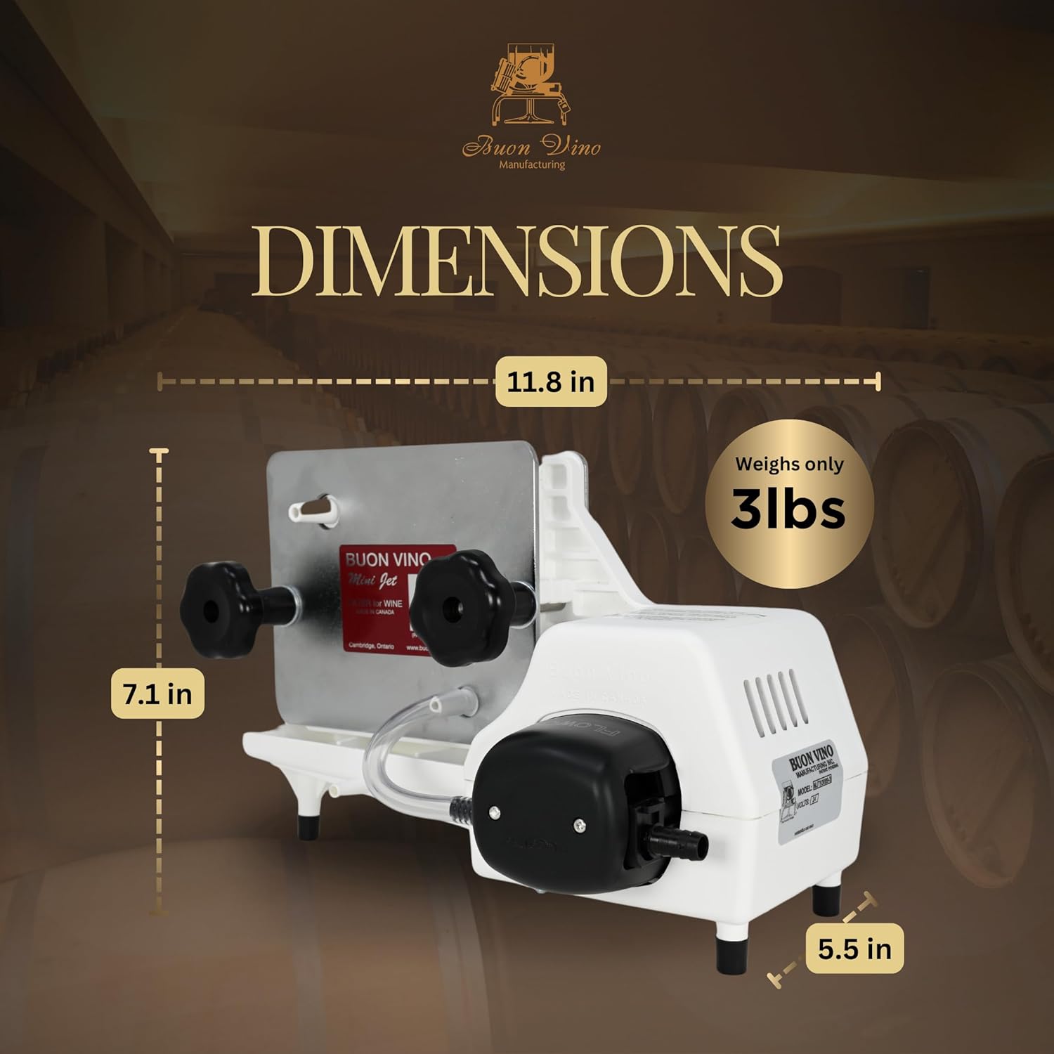 Wine press machine with dimensions and weight information on a dark background
