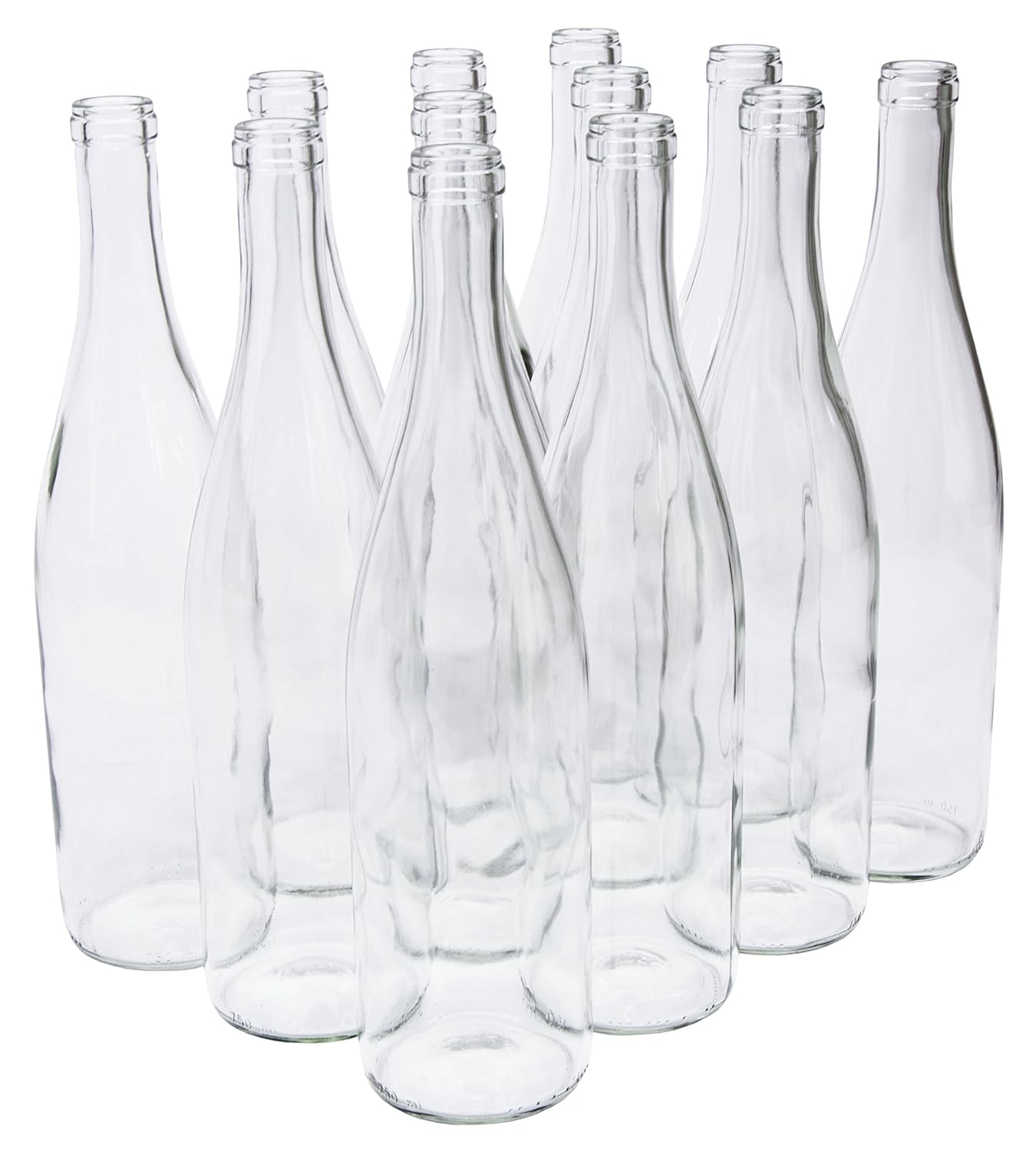 Set of clear glass bottles on a white background