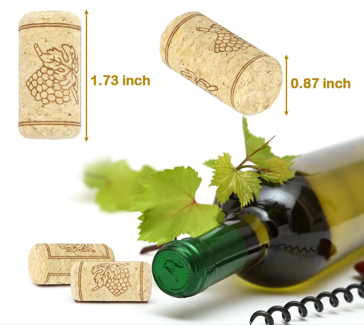 Wine corks with measurements and a wine bottle on a white background