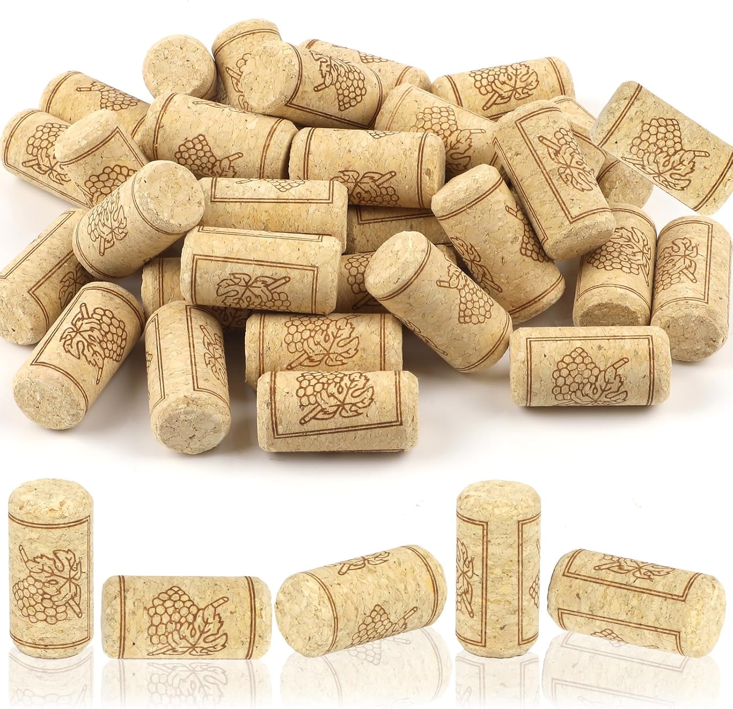 Collection of wine corks with embossed designs on a white background