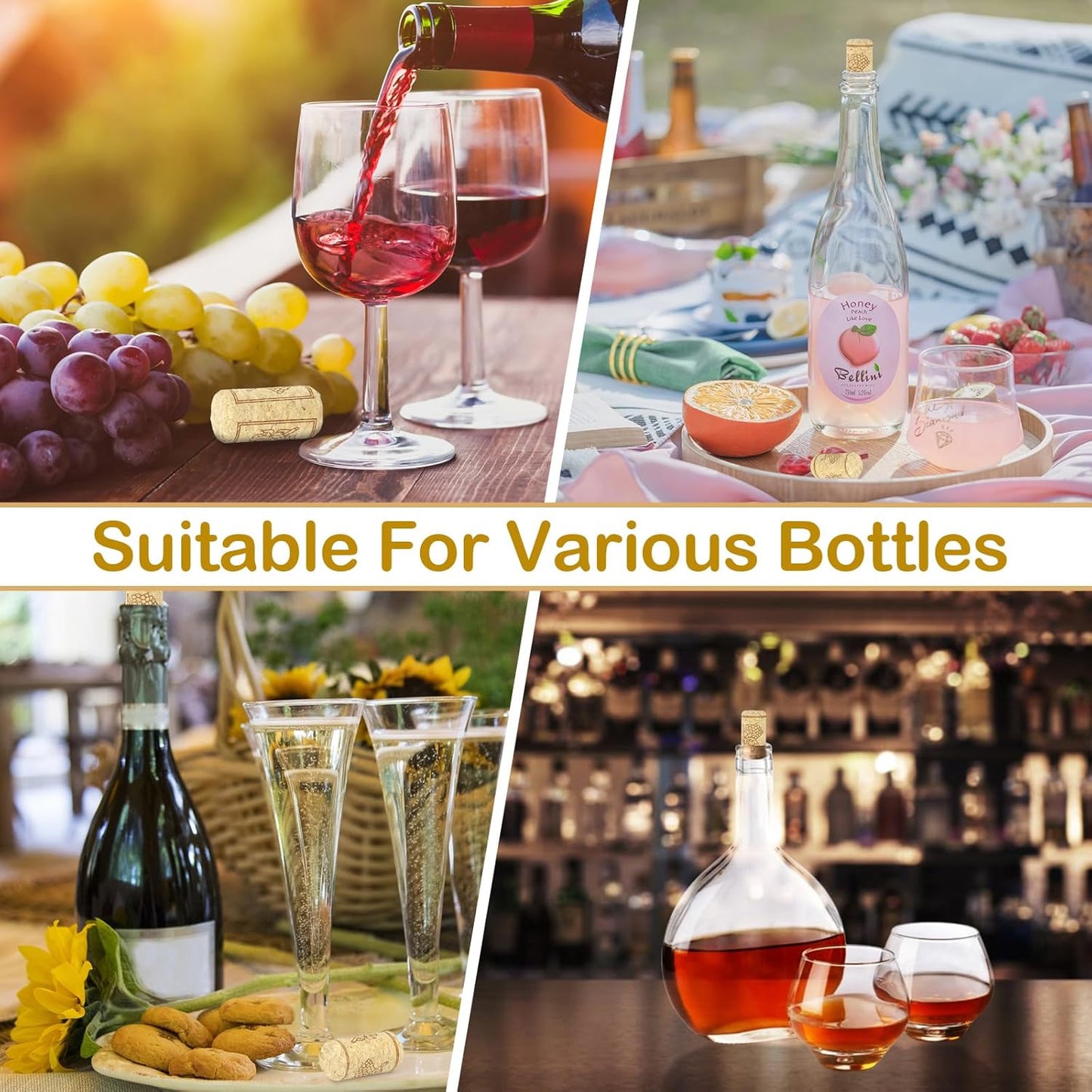 Collage of wine being poured, a bottle on a table with food, and a bar setting with bottles and glasses.