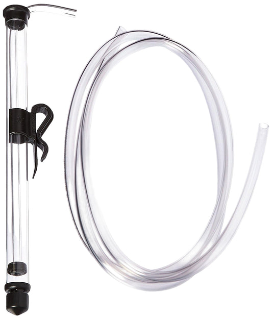 Clear Wine Siphon and tubing with black clamp on a white background