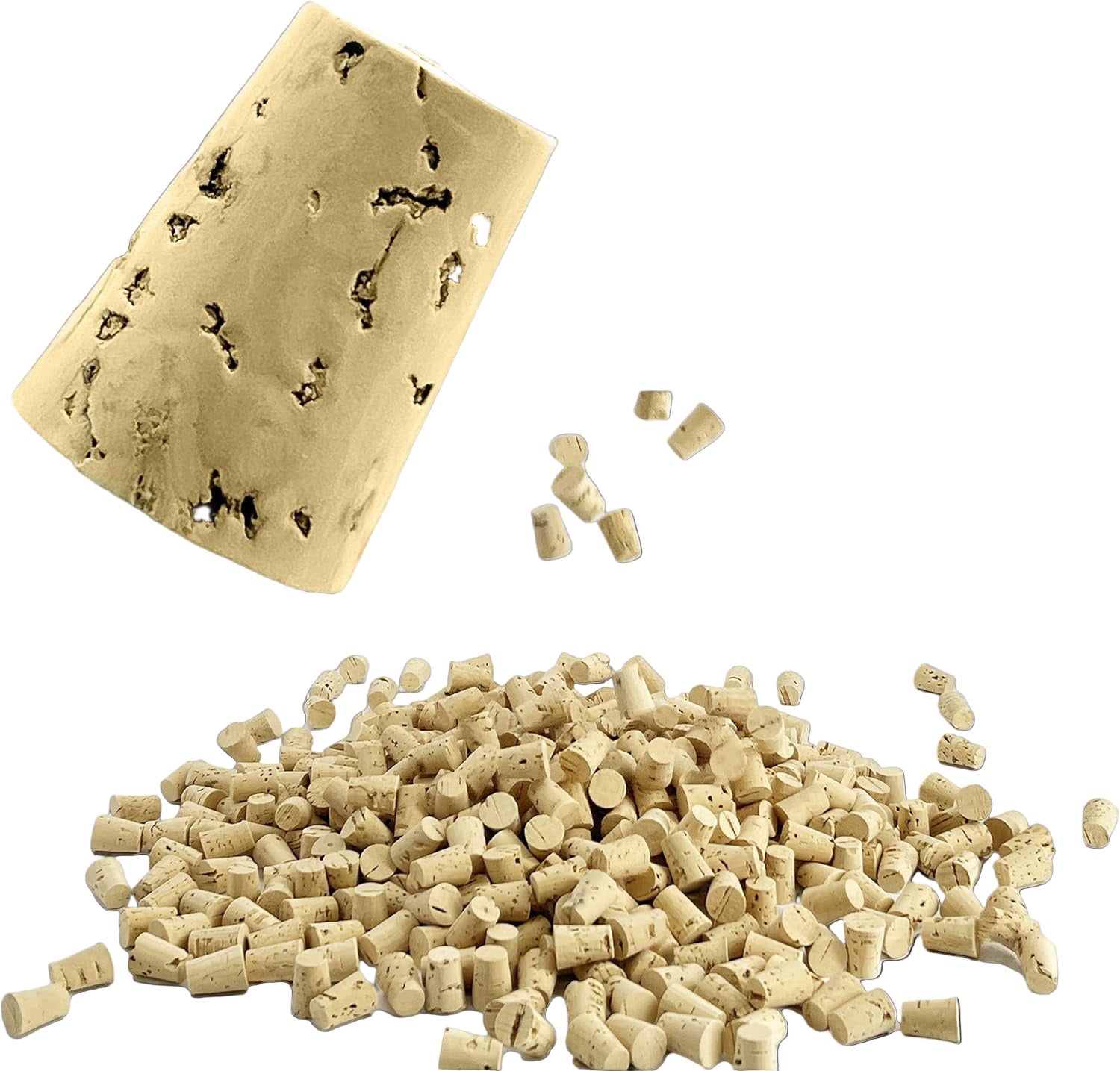 Cork block and cork pellets on a white background